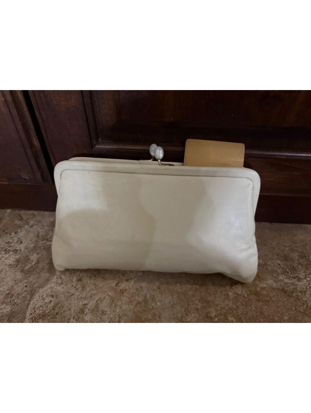 Vintage 1950s Ingber Cream Leather Evening Clutch Purse w/ Original Mirror - MCM